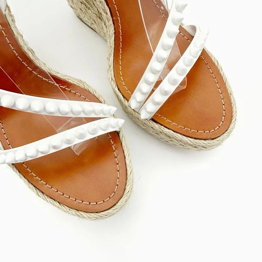 CHRISTIAN LOUBOUTIN Mafaldina Wedge Heels 39 US 8.5 Spiked Sandals White Leather
